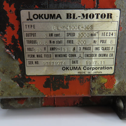 Okuma BL-MC100E-30S 3kW AC Servo Motor 3000RPM 133V 3PH W/Encoder ER
