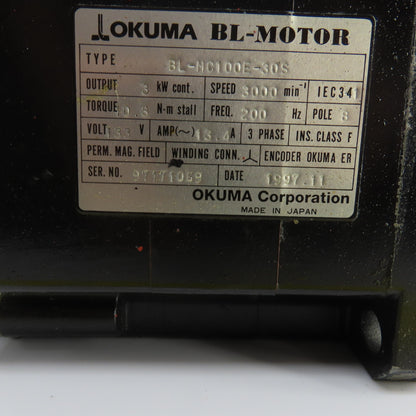 Okuma BL-MC100E-30S 3kW AC Servo Motor 3000RPM 133V 3PH W/Encoder ER-FC-2048D