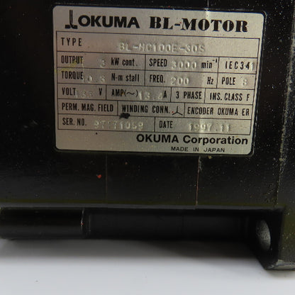 Okuma BL-MC100E-30S 3kW AC Servo Motor 3000RPM 133V 3PH W/Encoder ER-FC-2048D