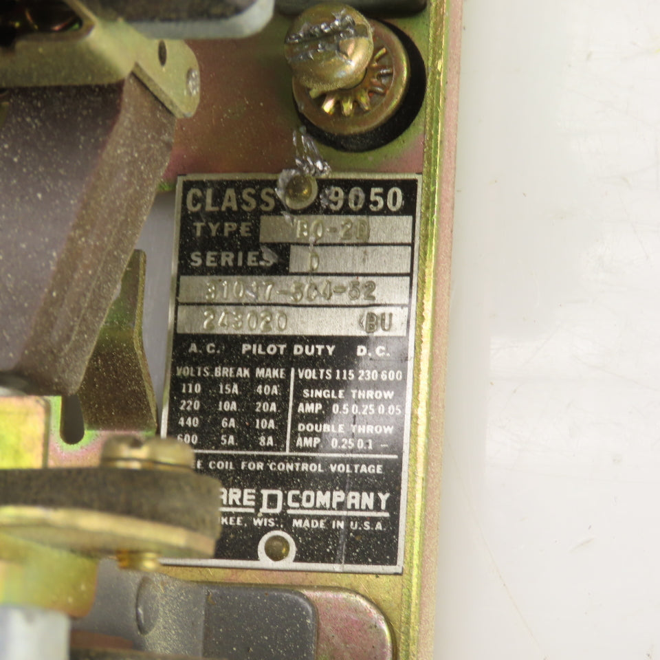 Square D Class 9050 Type B0-2D Pneumatic Timing Relay 600V