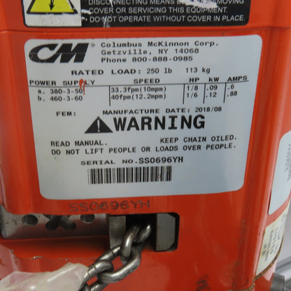 CM Shopstar 1/8 Ton 250LB Electric Chain Hoist 10' Lift 40FPM  460V 3PH