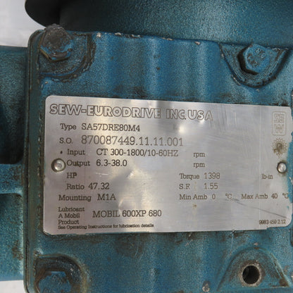 Sew-Eurodrive SA57DRE80M4 47.32 Ratio Left Hand Gear Reducer 1398 Torq 38RPM 3PH