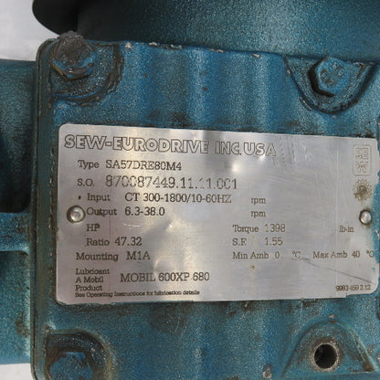 Sew-Eurodrive SA57DRE80M4 47.32 Ratio Left Hand Gear Reducer 1398 Torq 38RPM 3PH