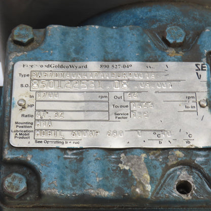 Fleetwood Goldco SA57DT80N 47.32 Ratio Left Hand Gear Reducer 1423Torq 36RPM 3PH