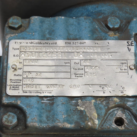 Fleetwood Goldco SA57DT80N 47.32 Ratio Left Hand Gear Reducer 1423Torq 36RPM 3PH