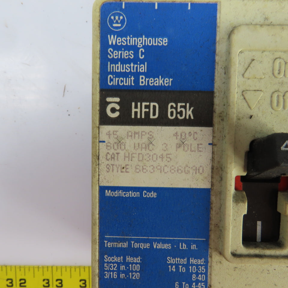 Westinghouse HFD3045 45A Industrial Circuit Breaker 3 Pole 600VAC 250VDC