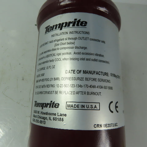 Temprite 900F Refrigerant Oil Separator 15oz 450PSIG USED