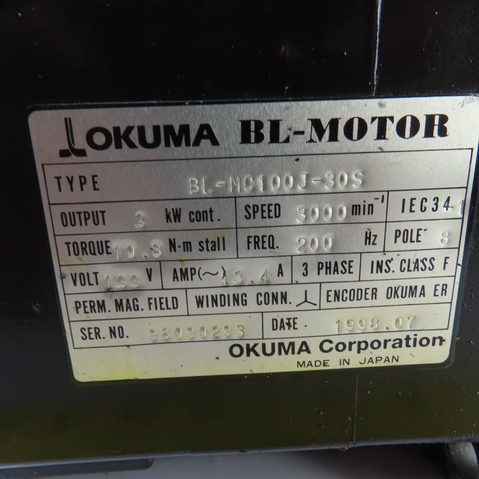 Okuma BL-MC100J30S 3kW AC Servo Motor 3000RPM 133V W/Encoder ER-J-7200D