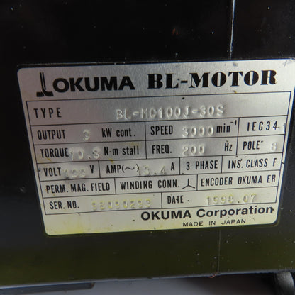 Okuma BL-MC100J30S 3kW AC Servo Motor 3000RPM 133V W/Encoder ER-J-7200D