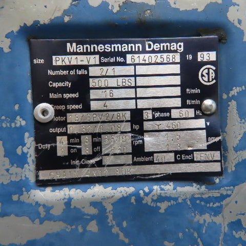Demag PKV!-VI 1/4 Ton Electric Chain Hoist 460V 3PH 14' Lift 2 Speed 4/16FPM