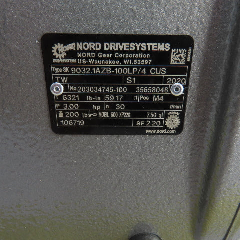 Nord SK 9032.1AZB-100L 3HP 59.17:1 Ratio Gear Reducer 29RPM Out 3PH 6321 Torque