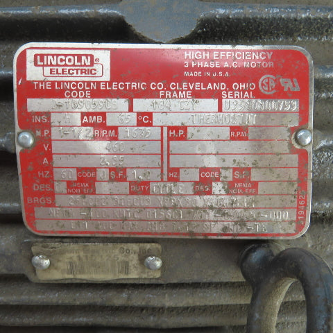 Lincoln D-1G9059CB 1-1/2HP AC Electric Motor 1675RPM 3PH 184CZY W/Brake 230/460V
