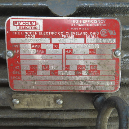 Lincoln D-1G9059CB 1-1/2HP AC Electric Motor 1675RPM 3PH 184CZY W/Brake 230/460V