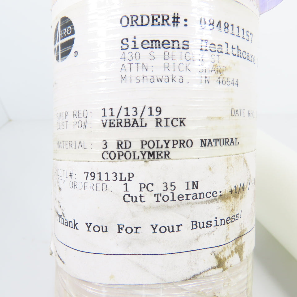 3" Round x 10-3/8" L Polypro Natural Copolymer Stock