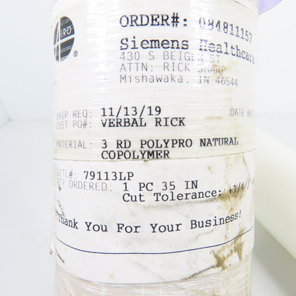 3" Round x 10-3/8" L Polypro Natural Copolymer Stock