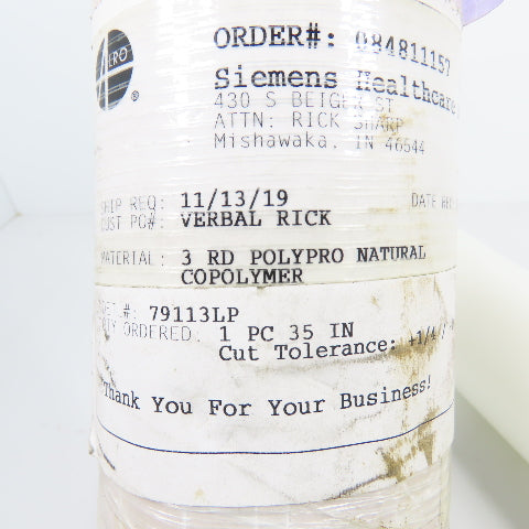 3" Round x 10-3/8" L Polypro Natural Copolymer Stock