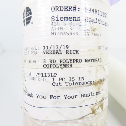 3" Round x 10-3/8" L Polypro Natural Copolymer Stock