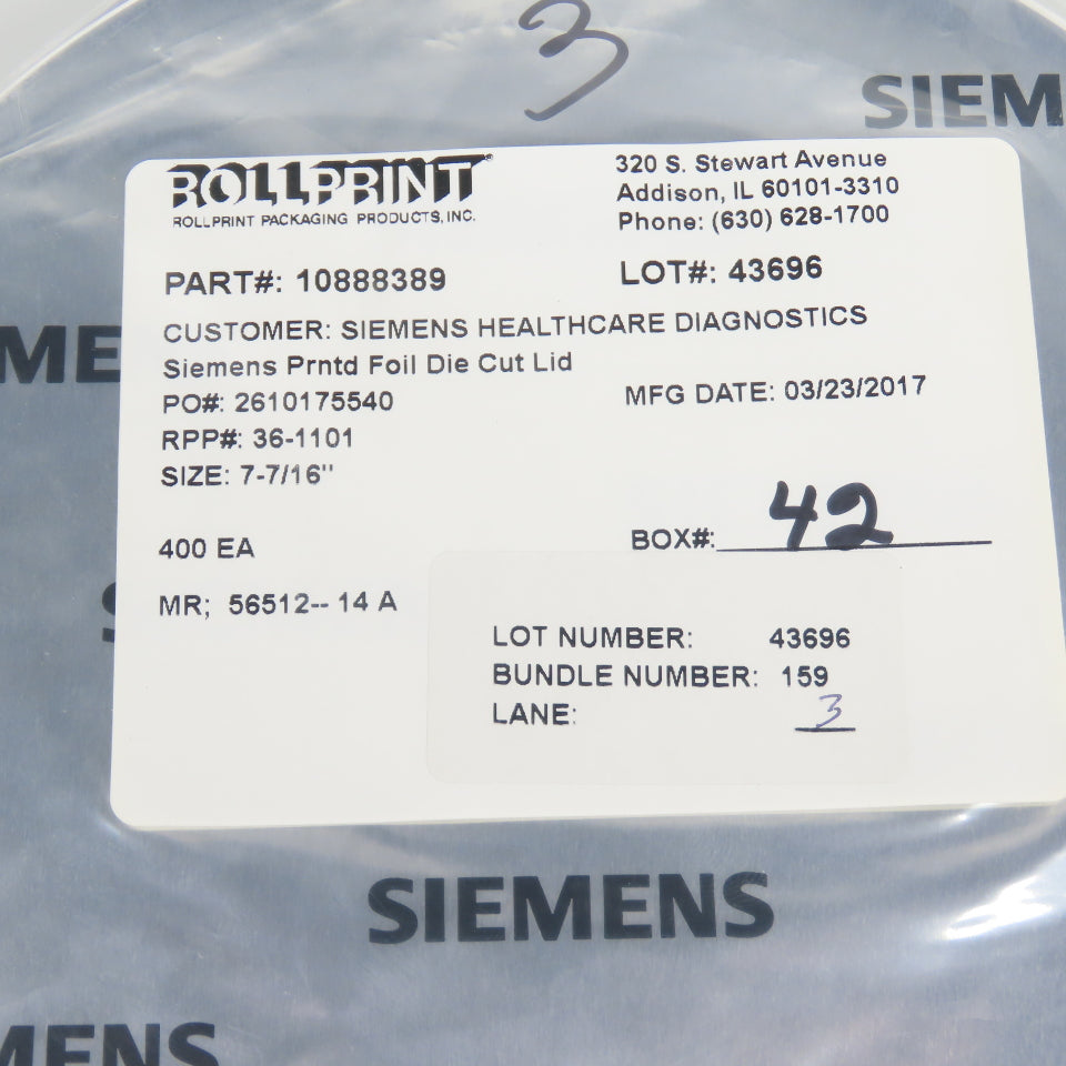 Siemens 7-7/16" OD Prntd Foil Die Cut Lid Lot Of 400