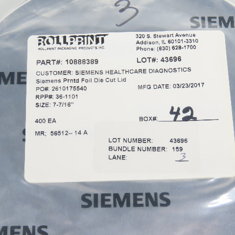 Siemens 7-7/16" OD Prntd Foil Die Cut Lid Lot Of 400