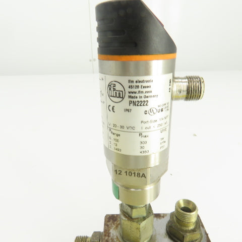 IFM PN2222 Pressure Sensor 20-30VVDC 300 BAR 4350PSI W/Valve Block