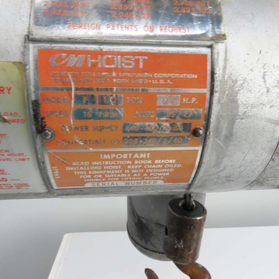 CM Model F 1/2 Ton 1000 LB Electric Chain Hoist 9'-6" Lift 16FPM 230/460V 3PH