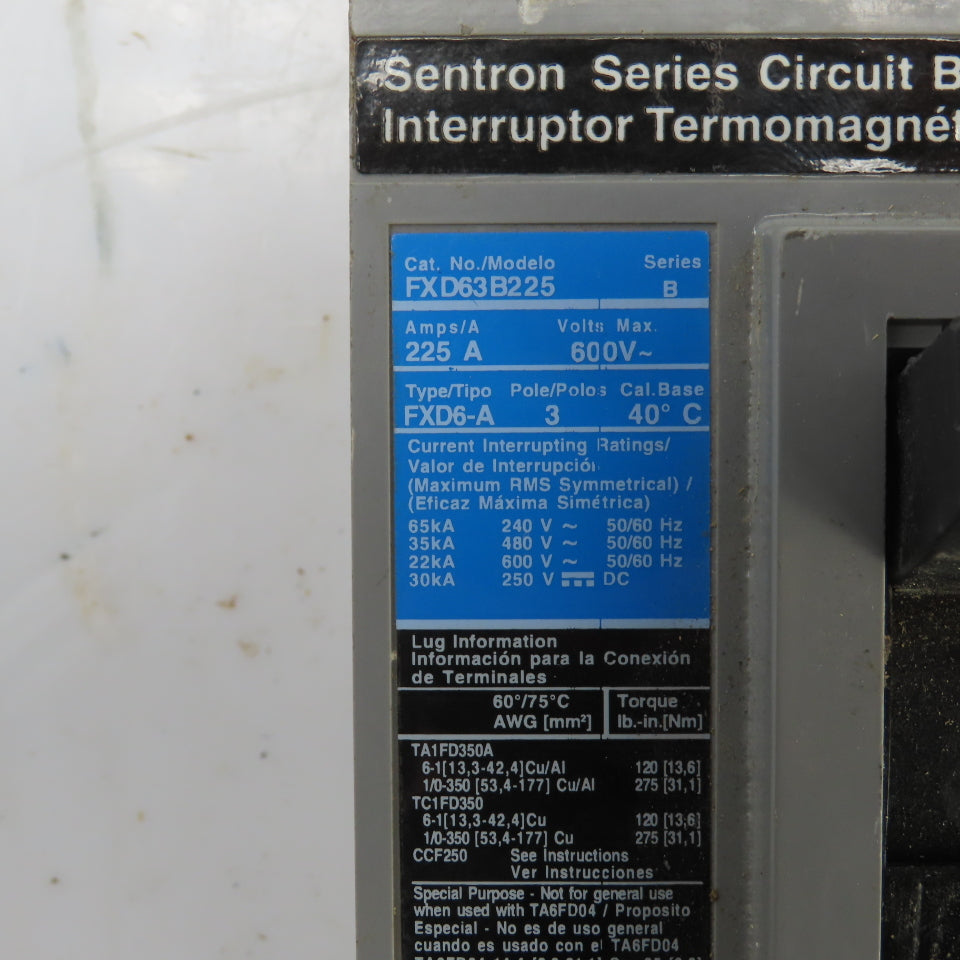 Siemens FXD63B225 FXD6-A Sentron Ser B 225A Circuit Breaker 600V 3 Pole