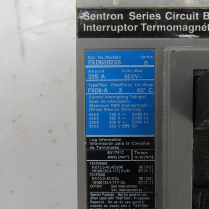 Siemens FXD63B225 FXD6-A Sentron Ser B 225A Circuit Breaker 600V 3 Pole