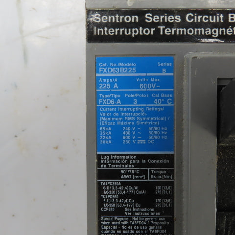 Siemens FXD63B225 FXD6-A Sentron Ser B 225A Circuit Breaker 600V 3 Pole