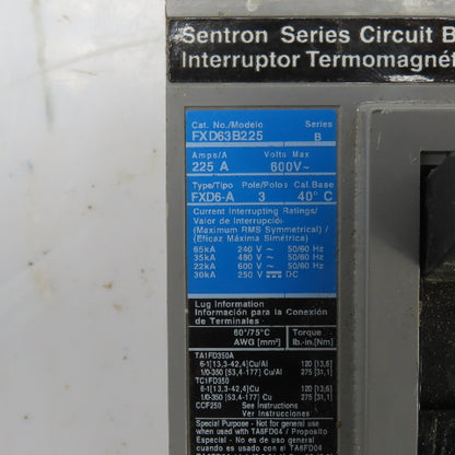Siemens FXD63B225 FXD6-A Sentron Ser B 225A Circuit Breaker 600V 3 Pole