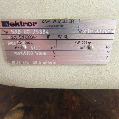Elektror HRD60/S384 6.3kW Belt Driven High Pressure Blower 3525RPM 460V 3PH