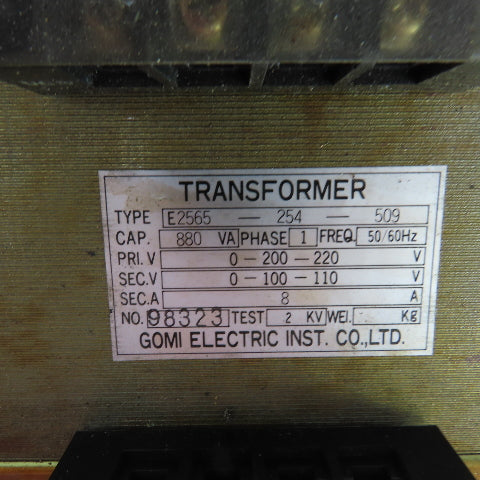 Gomi E2565-254-509 880VA Single Phase Transformer Pri 200-220V Sec 100-110V