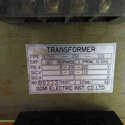 Gomi E2565-254-509 880VA Single Phase Transformer Pri 200-220V Sec 100-110V