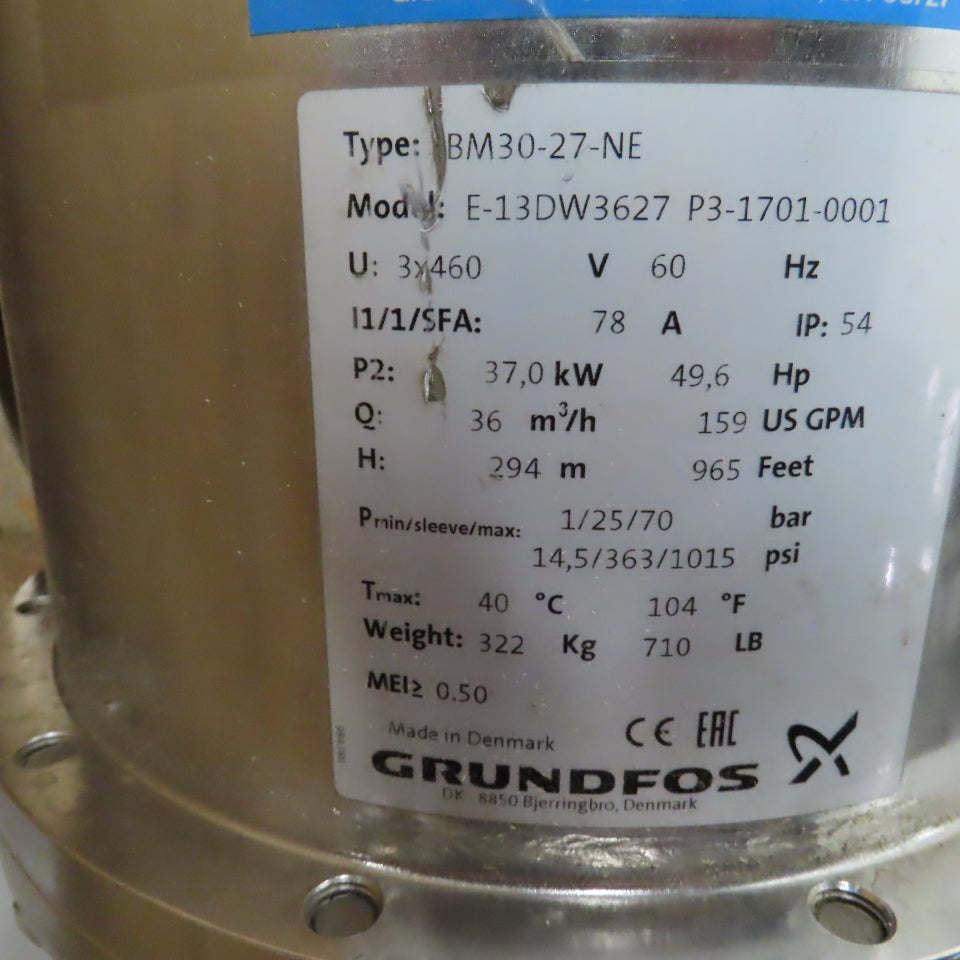 Grundfoss BM30-27-NE SS High Pressure Liquid Booster Pump 50HP 159GPM 965 Ft H