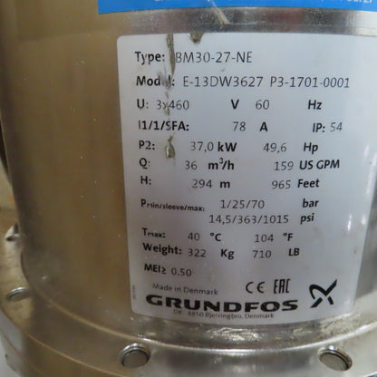 Grundfoss BM30-27-NE SS High Pressure Liquid Booster Pump 50HP 159GPM 965 Ft H