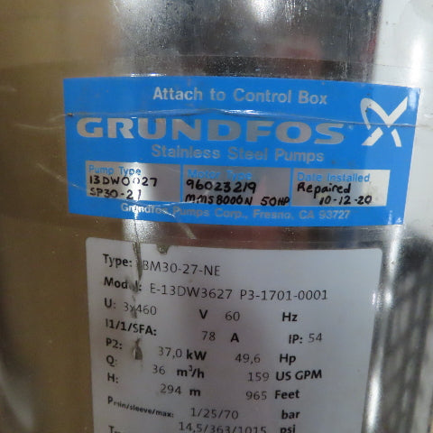 Grundfoss BM30-27-NE SS High Pressure Liquid Booster Pump 50HP 159GPM 965 Ft H