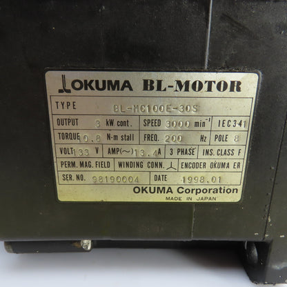 Okuma BL-MC100E-30S 3kW 3000RPM 3Ph 133V BL Motor W/ Encoder