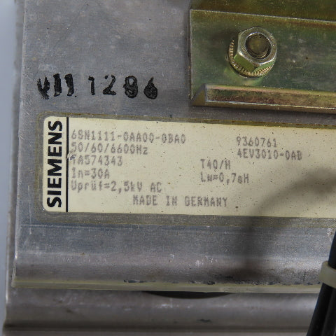Siemens 6SN1111-0AA00-0BA0 Line Reactor 50/60/6600Hz 30A