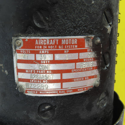 Westinghouse Aircraft A28A8567 1HP DC Motor 6800 RPM 27V DC