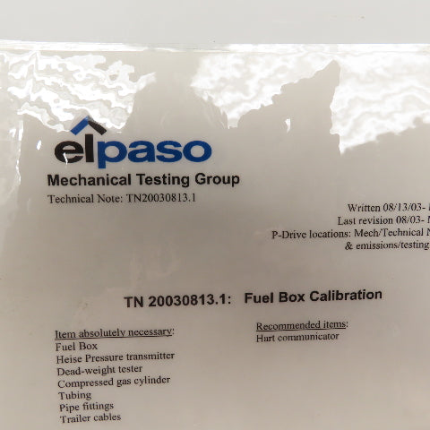 Elpaso Mechanical Fuel Box Static & Differential Calibration Assembly