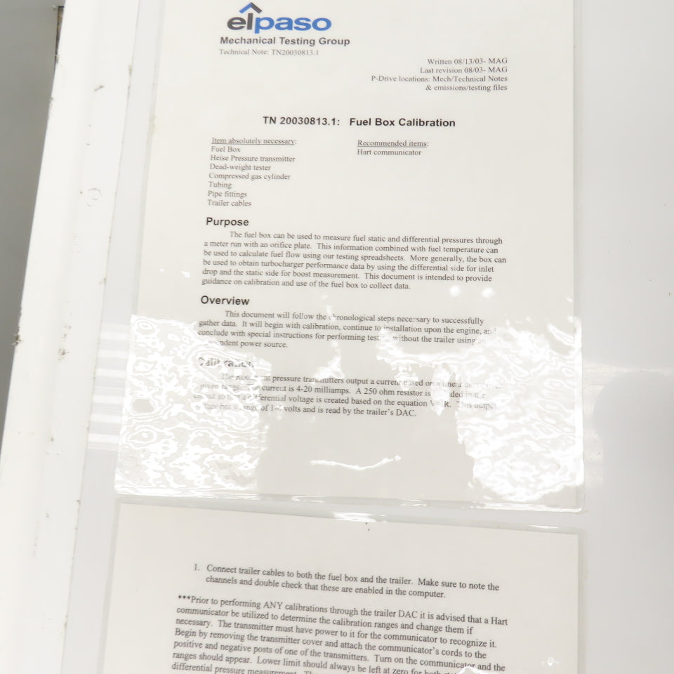 Elpaso Mechanical Fuel Box Static & Differential Calibration Assembly