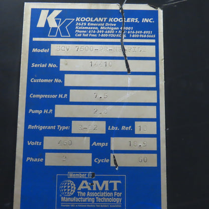 Koolant Koolers HCV-7500PR-NF-FILT R-22 Refrigerated Coolant Chiller 7.5Hp 460V