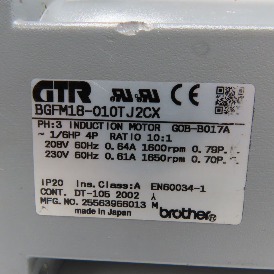 Brother BGFM18-010TJ2CX 1/6Hp 3Ph 208/230V 10:1 Induction Gear Motor