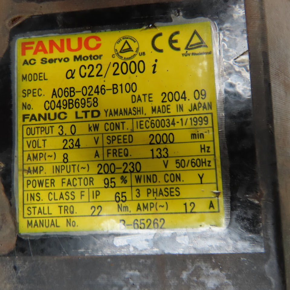 Fanuc A06B-0246-B100 C22/2000i 3.0Kw 2000RPM 234V 133Hz AC Servo Motor