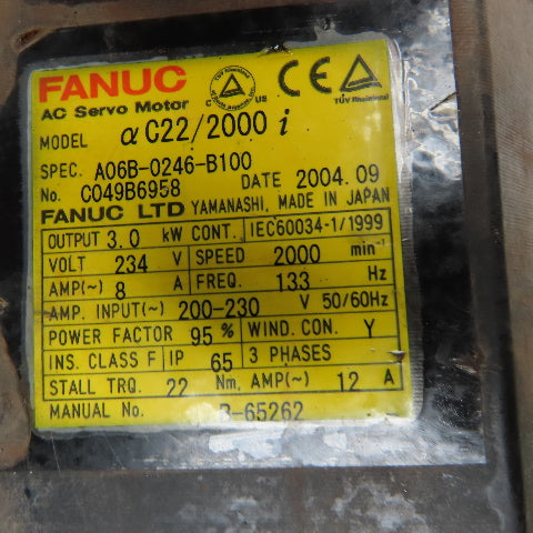 Fanuc A06B-0246-B100 C22/2000i 3.0Kw 2000RPM 234V 133Hz AC Servo Motor