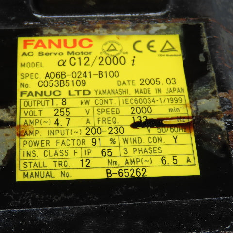 Fanuc A06B-0241-B100 1.8kW 2000RPM 3Ph 200/240V AC Servo Motor