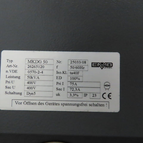 EMB MKDG 50 400V Pri 400V Sec Isolation Transformer 50/60Hz 50kVa