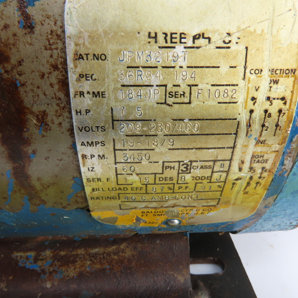 Baldor JPM3219T 7.5HP AC Electric Motor 3450RPM 208-230/460V 3PH 184JP Frame