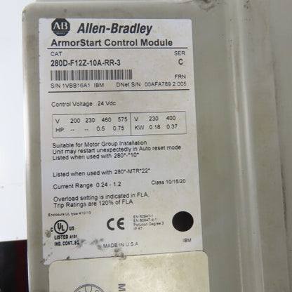 Allen Bradley 280D-F12Z-10A-RR-3 280D-FN-10-R ArmorStart Base & Control 0.75HP