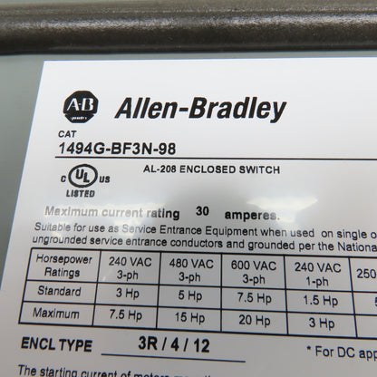 Allen Bradley 1494G-BF3N-98 AL-208 30A Enclosed Safety Disconnect Switch 600V 3R