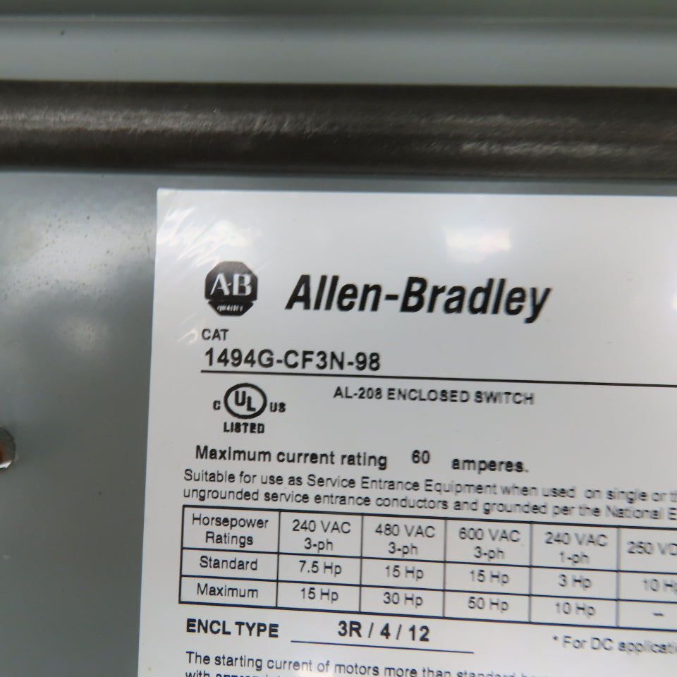 Allen Bradley 1494G-CF3N-98 AL-208 60A Enclosed Safety Disconnect Switch 600V 3R